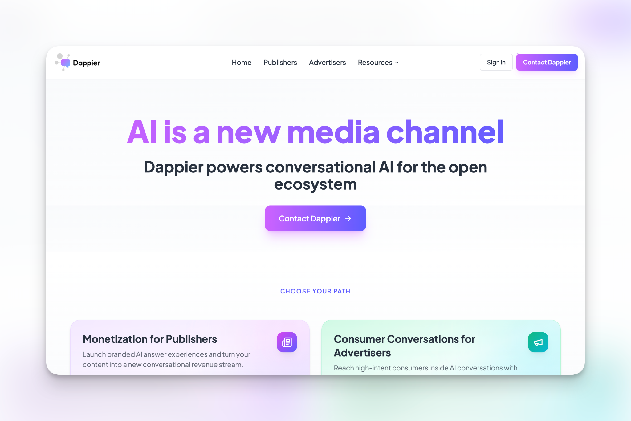 The Dappier homepage: AI is a new media channel