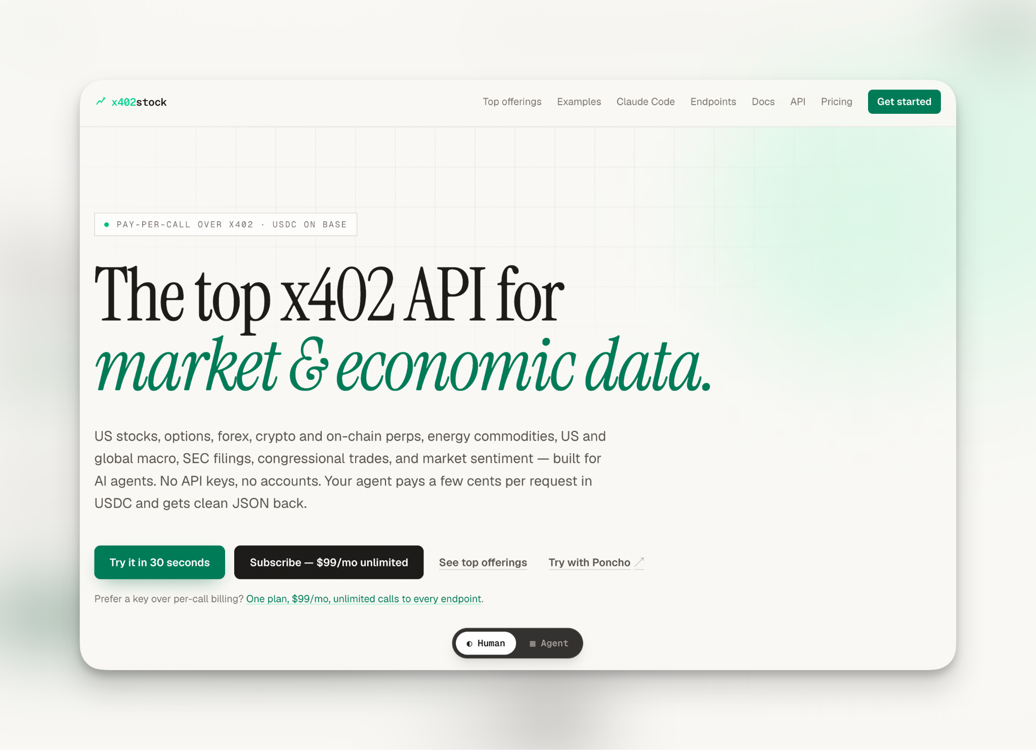 The x402stock homepage: the top x402 API for market and economic data, pay-per-call in USDC with no API keys and no accounts